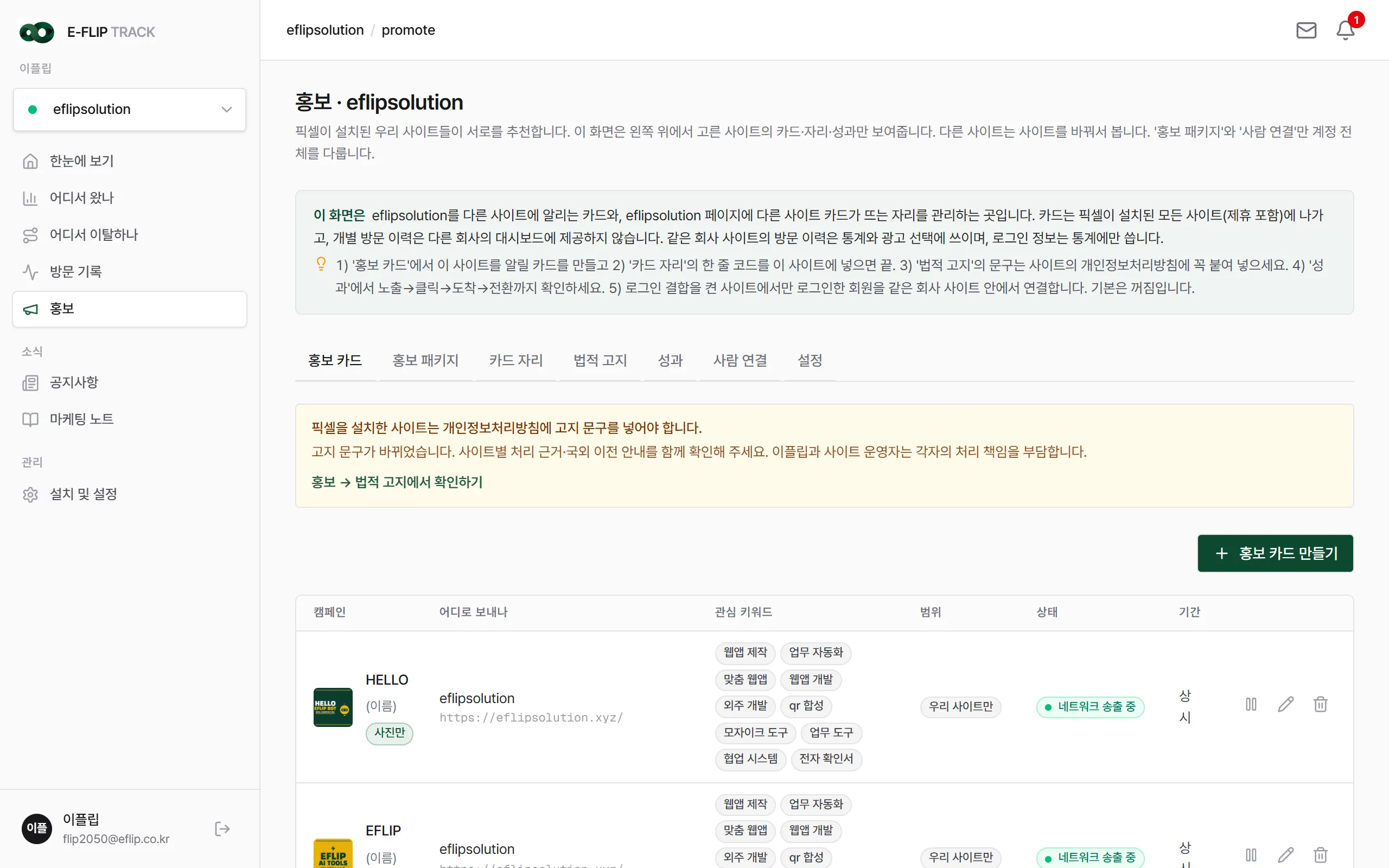 홍보 화면. 홍보 카드·홍보 패키지·카드 자리·법적 고지·성과·사람 연결·설정 탭과 오른쪽 위 "+ 홍보 카드 만들기".