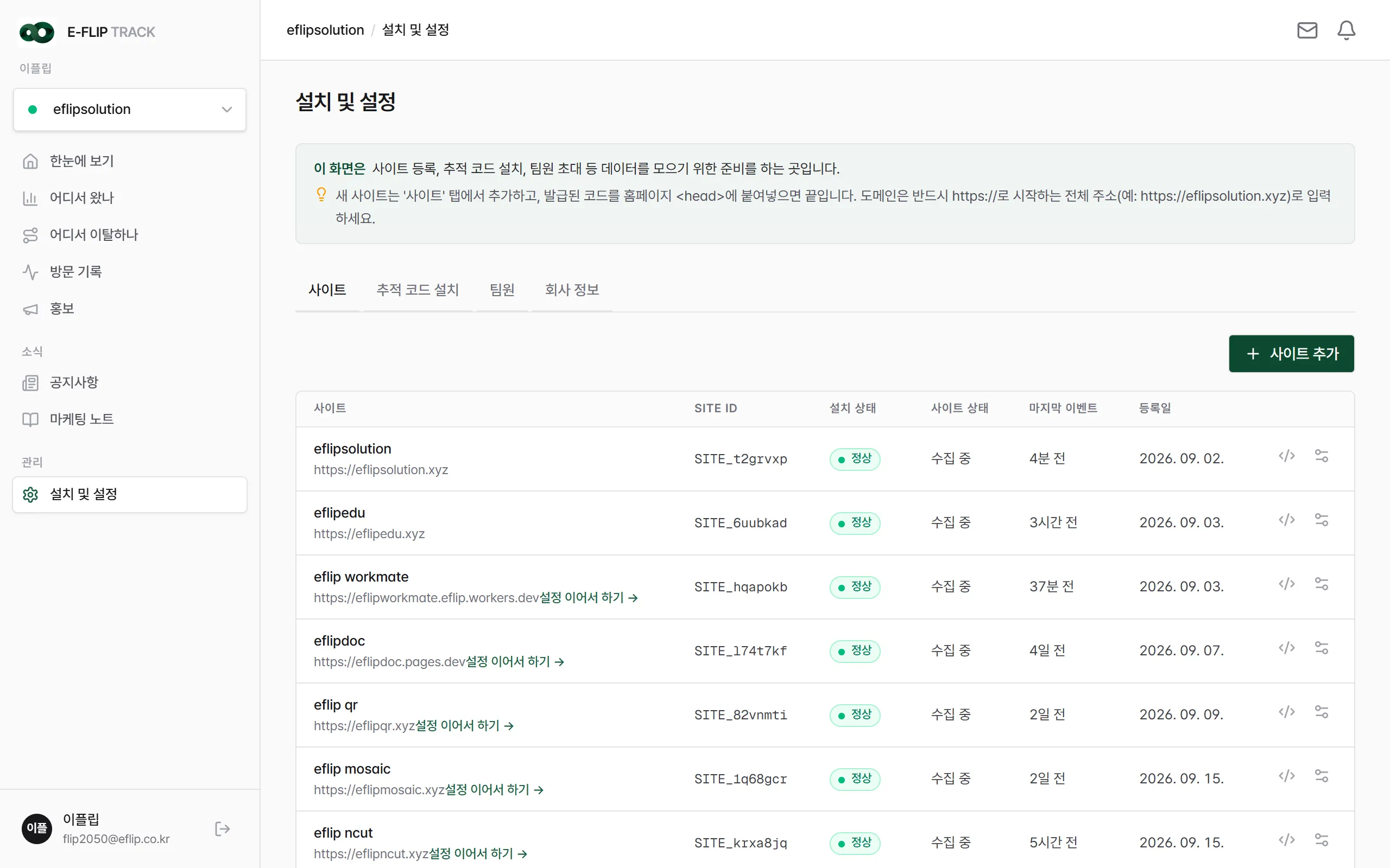 설치 및 설정 → 사이트 탭. 사이트마다 SITE ID 와 설치 상태가 보입니다.
